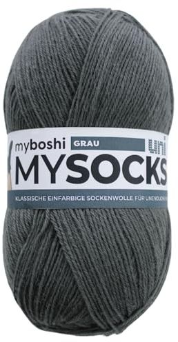myboshi mysocks uni einfarbige Sockenwolle, 4-fädig, weich und geschmeidig, mit Aloe Vera behandelt, 100g, Ll 420m, Grau, 1 Knäuel
