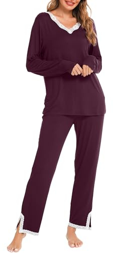 Lovasy Super Soft Ladies Pjs - Long Sleeve V-Neck Womens Pjs with Pockets, 2-Piece Set, Purple-Red