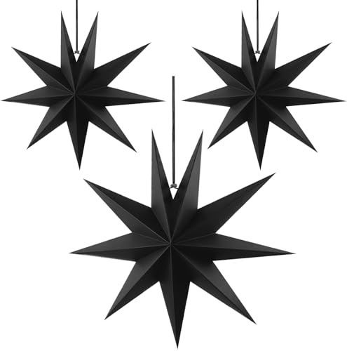 CNMTCCO 3er Set Papiersterne Schwarz 30cm Faltsterne Weihnachtsdeko für Fenster, Wand und Party – 9 Zacken 3D Dekoration für Weihnachten, Hochzeit und Festliche Anlässe （Schwarz, 3er-Pack）