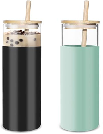 Viceda Glass Tumbler, Drinking Glasses with Bamboo Straw and Lid, 20oz/600ml Glass Water Bottle with Silicone Protective Cup Sleeve, Clear Tumbler Cups for Juice, Coke, Soda(Black and Green)