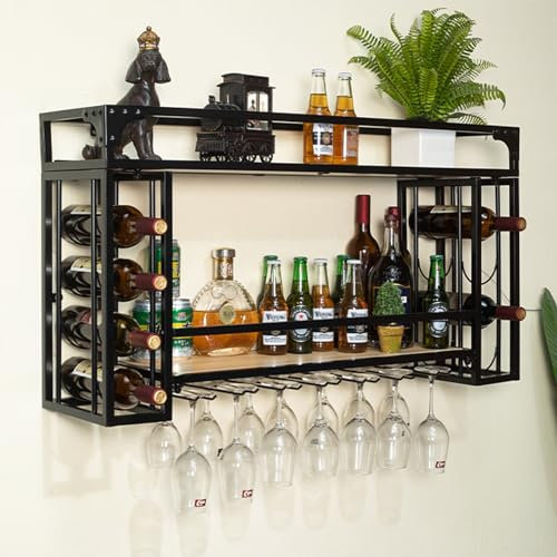 Portabottiglie da parete in metallo nero industriale con supporto per bicchieri moderno da appendere (100 x 25 x 55 cm)