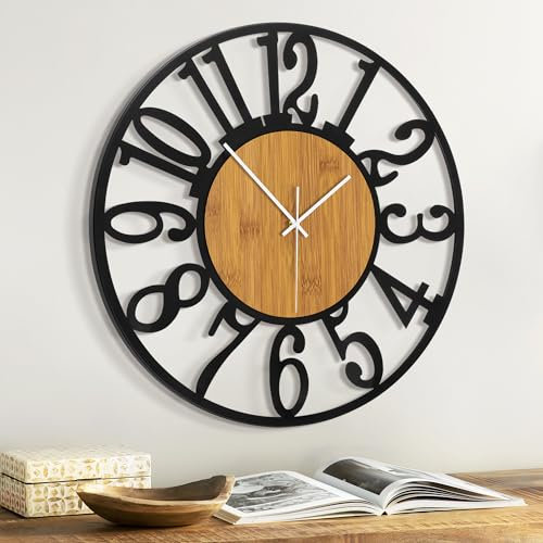 Jassurance 20IN Large Wall Clocks Battery Operated Black, Silent Wooden Metal Wall Clock for Living Room Decor, Kitchen Decorative Wall Clock Modern
