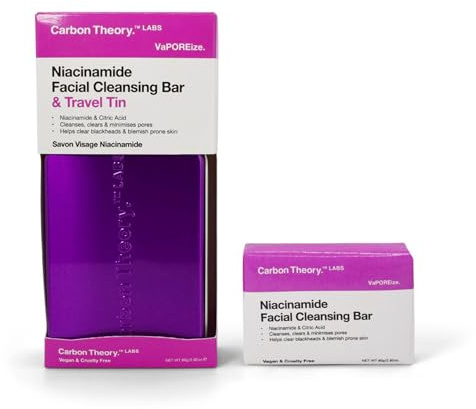 Carbon Theory VaPOREize Face Bar 80g with Travel Tin | Niacinamide and Citric Acid Soap Bar for Acne Prone Skin. Gently Cleanses While Minimising Pores and Blackheads.