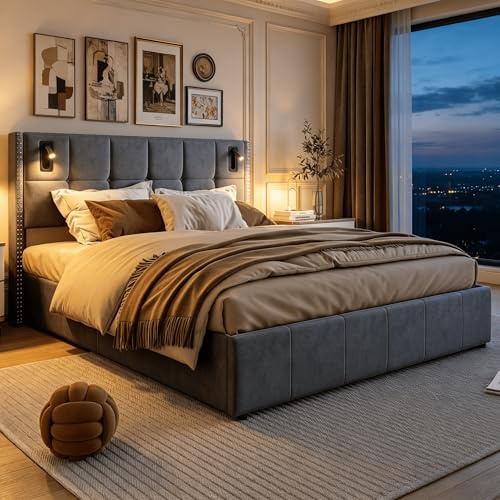 BRILVERDE Lit Coffre 160x200 cm avec 2 liseuses,Lit Double rembourré avec Rangement,avec sommier Lattes, Convient aux Adolescents et aux Adultes, Matelas Non Inclus (Gris, 160 x 200 cm)
