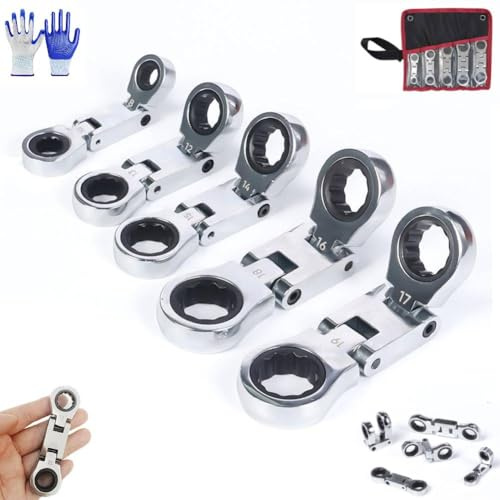 5Pcs Dual-Drive Nano Flex-Head Pocket Ratchet,3/4 in Retractable Ratchets Wrenches Set,8-19mm Flex Head Ratcheting Wrench Set,Double Box End Ratcheting Wrench Set,for Narrow Spaces