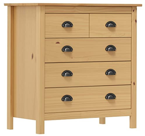 Pangshiyuan Sideboard Massivholz Kiefer mit 5 Schubladen, Honigbraun, Moderner Beistellschrank für Wohnzimmer, Schlafzimmer oder Flur, Stauraum für Deko und Accessoires, 79W x 40D x 80H cm
