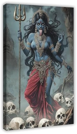 Kali indische Göttin Kunstdruck, blaue Haut, Totenkopf, dunkle Fantasie, Wanddekoration, heidnischer Krieger, Poster mit aufwendigem Schmuck und Waffen-Design für Schlafzimmer, Küche oder Wohnheim