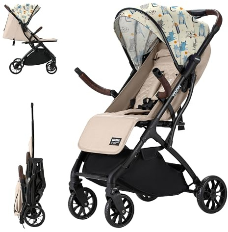 Daliya® YOOPI Reisebuggy, faltbar, mit Teleskopgriff, Flugzeug Buggy, Alluminiumrahmen, Stufenlose Rückenlehne, Stadt-Buggy, Aufbewahrungstasche (Beige mit Muster)