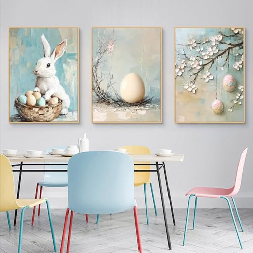 TROYSINC 3er Easter Poster Set,Hase Frühling Blume Osterei Bilder für Kinderzimmer, Wandbilder Wohnzimmer, Ostern Decoration, ohne Rahmen (B,30x40cm)