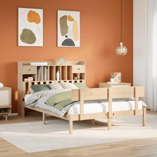 Yunovire Massivholzbett mit Regal, 140x200 cm, Kiefernholz unbehandelt, Stabiler Lattenrost, Kopfteil mit Stauraum für Bücher, modernes Schlafzimmer Möbel