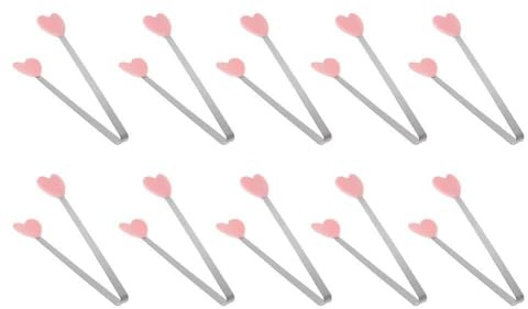Whychstore Lot de 10 mini pinces alimentaires avec embouts en silicone en forme de cœur, poignée en acier inoxydable pour cuisine, service, barbecue, 13,5 cm