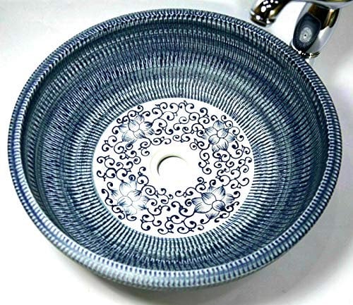Floral Vintage Bathroom Cloakroom Ceramic Counter Top Basin Sink Washing Bowl (35cm, Blue)