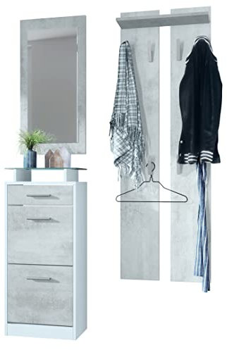 Vladon Garderobenset Garderobe Loret V2 Mini, Korpus in Weiß matt/Front in Beton Oxid Optik