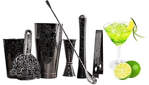SKY FISH Barkeeper-Set, Cocktail-Shaker-Set, 7-teilig, Edelstahl, schwarz beschichtet, Ätzbar-Werkzeuge mit Boston-Shaker-Dosen, Rührlöffel, japanischer Doppel-Messbecher, Hawthorne-Sieb