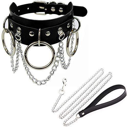 Kiwochy Breit Lederhalsband Halskette Damen Leder Choker mit Leine Ketten O Ring Metall Ring Halsband Lederhalsband Gotik Punk Lederhalsband Choker Spike Niete Kragen Halsketten Männer