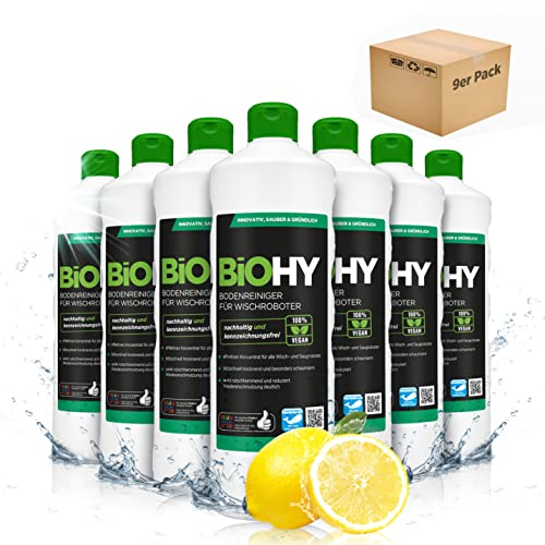 BiOHY Bodenreiniger für Wischroboter (9 x 1 Liter) | Reinigungsmittel Konzentrat für alle Wisch & Saugroboter mit Nass-Funktion | Schaumarm & Streifenfrei | Für alle Böden