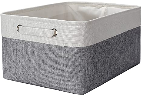 Yieseang Foldable Fabric Storage Box with Sturdy Handles,Large Canvas Storage Basket Bin for Toys,Clothes,Shelves,Wardrobe,Closet,Bedroom,15.7 x 11.8 x 7.8 inches,Grey&White