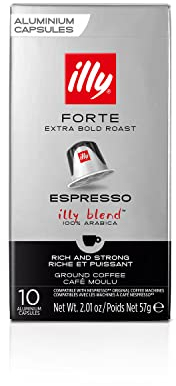 illy, Café en Cápsulas Compatibles en Aluminio FORTE, 100% Arábica con un Intenso Aroma a Pan Tostado y un Sabor Final a Chocolate Negro, Sabor Fuerte, 10 Paquetes de 10 (100 Cápsulas en Total)