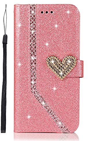 Unichthy For iPhone 13 Case All Glitter for Girls Bling Love Heart 3D Gems Sparkle Shockproof Leather Wallet Flip Magnetic Protective Phone Case Folio Book Covers for iPhone 13 Pink