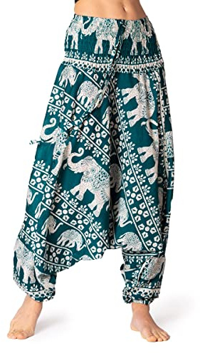 PANASIAM Aladinhose Chang Unisex - 2in1 - als Haremshose & Jumpsuit tragbar | Yogahose mit breitem Gummibund für bequemen Sitz, Elefanten Designs, GOA Hose Boho Style, Pumphose Damen, aus 100% Viskose