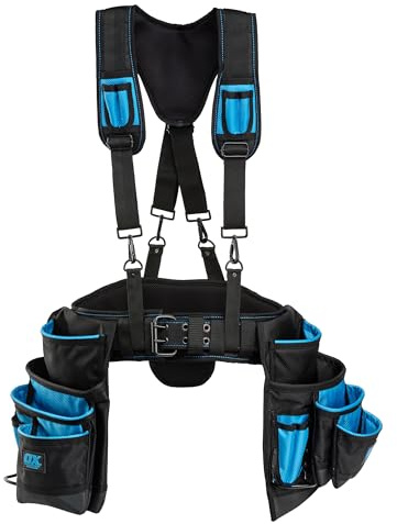 OX Tools Pro Dynamic Nylon Framer's Rig with Suspenders with UV & Water Resistance – 10 Pocket Pouch, 7 Pocket Pouch, Back Support, Suspenders, and Hammer Holder