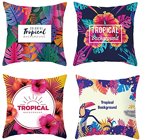 Lieson Kissenbezug Dekorativ, Kissenhülle Set 4er Kissenbezug Deko 40x40 Kissenbezug Lila Rosenrot Tropical Background Vogel Blumen Blätter, Polyester