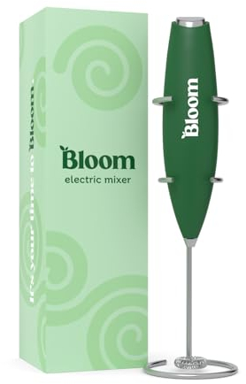 Bloom Nutrition Milk Frother Hand Mixer, Stainless Steel Electric Matcha Whisk, Handheld Mixer for Coffee, Greens, Protein & More, Battery Operated, Easy to Clean & Includes Whisk Stand