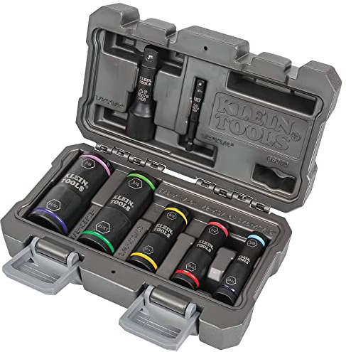Klein Tools 66070 Schlag Steckschlüsselsatz, Schlagschrauber Flip Stecknuss, fünf Stecknüsse mit 1/4 Zoll Innensechskant und 1/2 Zoll Vierkant-Steckschlüssel-Adapter, 7-teilig