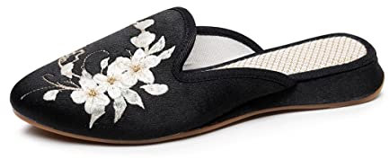 Lazutom Pantoufles de style chinois brodé, dos nu, bout pointu, à enfiler, pour la marche, la maison, Noir , 39.5 EU