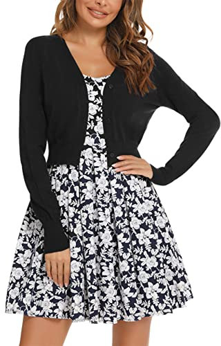 Bolero Mujer Cardigan Corto Torera Suéter Botones Chaqueta de Punto Básico Shrug Manga Larga Cuello en V Abrigo Fiesta Clásico Negro S