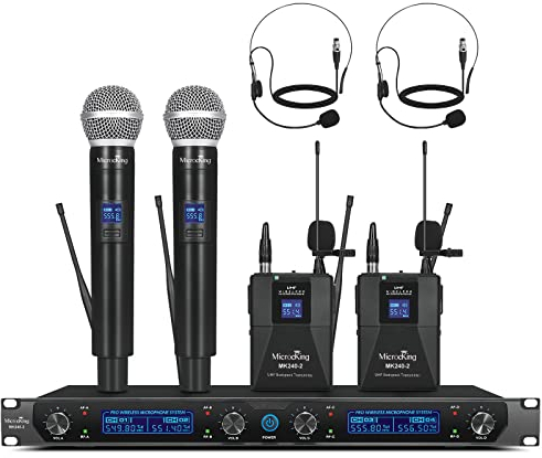 MicrocKing Sistema microfonico wireless, UHF 4 canali senza fili microfono con microfoni portatili/bodypack lavalier, lungo raggio, ideale per karaoke/feste/matrimoni/concerti (MK240-2)