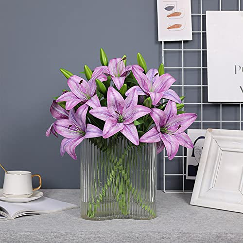 Fofetbfo 6 fiori di giglio artificiale viola, 38 cm, con foglie verdi e gambo lungo, fiori finti per bouquet da sposa, decorazioni per la casa