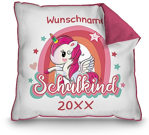 PR Print Royal Kissen zur Einschulung selbst gestalten - Schulkind mit Name und Jahr personalisiert - Einhorn Kissen, personalisierte Geschenke zur Einschulung | Rückseite Pink, 40 x 40 cm