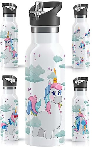 OWLBOOK® Edelstahl Trinkflasche Kinder | Wasserflasche mit Strohhalm | 600 ml | Sportdeckel | Spülmaschinenfest | Schule | Schulanfang Geschenke zur Einschulung Mädchen | Stolzes Einhorn