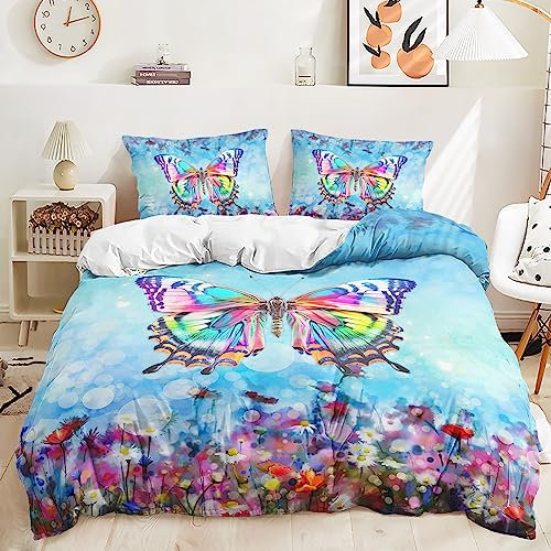 HOTRCR Motyla Bedding Bettwäsche-Set nadruk 3D zestaw pościeli ze wzór motyla,Dziewczęca różowa pościel z motylem, piękny wzór kwiatowy, poszewka na kołdrę, bettwäsche 135*200cm,80*80 cm*1 EFBTTAH039