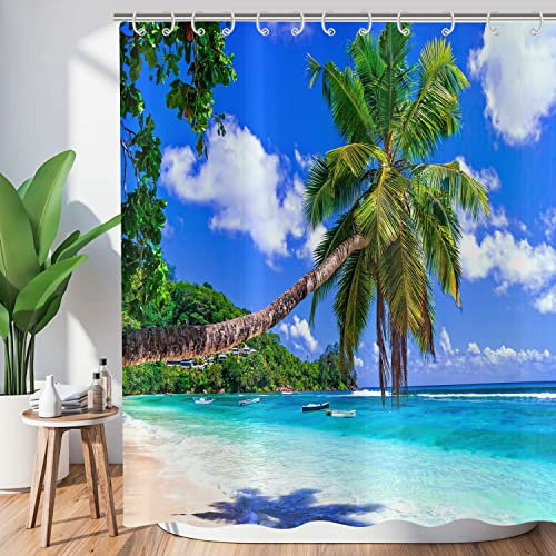 ASDCXZ Palmen Strand Duschvorhang 120x200 cm (BxL), Sommer Seaside Blauer Himmel Tropisch Pflanzen Waschbar Duschvorhänge Polyester Textil Wasserdicht Duschvorhang für Badewanne mit 8 Haken