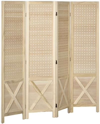HOMCOM Biombo de 4 Paneles Plegable de Madera 152x1,7x144,5 cm Natural | Separador de Ambientes, Divisor de Habitación de Madera, Pantalla de Privacidad Agujeros para Colgar, Oficina, Dormitorio