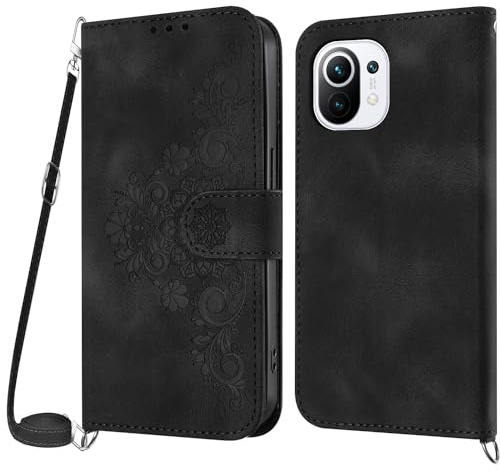 NETANY Handykette Hülle für Xiaomi Mi 11 Lite 4G / 5G / NE, Handyhülle Hülle mit Kette Klappbar, PU Leder Necklace Klapphülle und Umhängeband Lanyard Flip Stoßfest Schutzhülle mit Band (Schwarz)