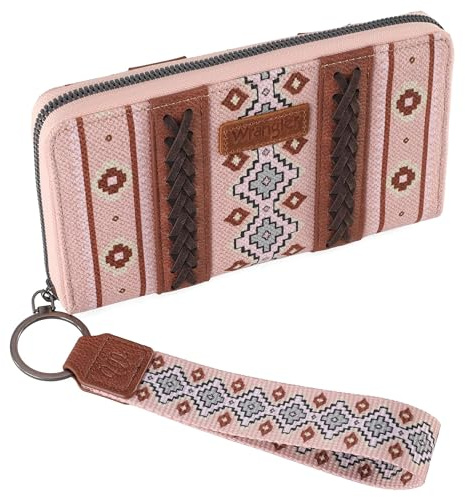 Wrangler Wallet Purse for Women Western Aztec Clutch Wristlet Wallet with Credit Card Holder, Pink, One Size, Trendy