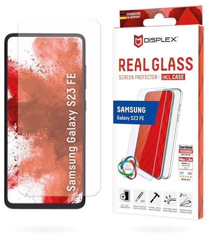 Displex Schutzglas + Schutzhülle für Galaxy S23 FE (10H), Eco-Montagerahmen | DISPLEX Real Glass + transparente Schutzhülle, 10H Panzerglas, Bruchschutz, extra-harte Kanten, kratzfest, Anti-Shock