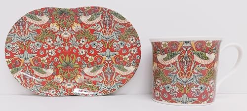 William Morris Strawberry Thief Red TV Tray Bone China Art Nouveau Birds Strawberries Mug 250 ml 8 fl oz and Tray Hand Decorated UK