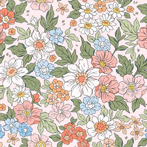 Veelike Papier Peint Fleuri Vintage Rose Meadowfield Coquelicot Papier Peint Adhesif Mural 44,5cm × 300cm Papiers Peints Floral Prairie Collant pour Meuble Chambre Fille Armoire Salle de Bain Amovible