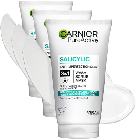 Garnier Pure Active 3in1 Clay Mask-Wash-Scrub 150ml, With Clay, Eucalyptus & Salicylic Acid, Face Cleanser For Oily Skin, Packaging May Vary (Pack of 3)