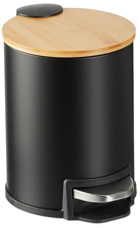 Relaxdays Mülleimer Bad, 3 l, Kosmetikeimer Absenkautomatik, Bambusdeckel, entnehmbarer Inneneimer, Treteimer, schwarz