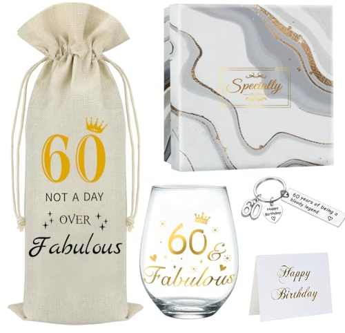 DEARLIVES 60th Birthday Wine Glasses - Personalised Cheers Presents, Gold 60 Oz Bottle Bags for Women & Men