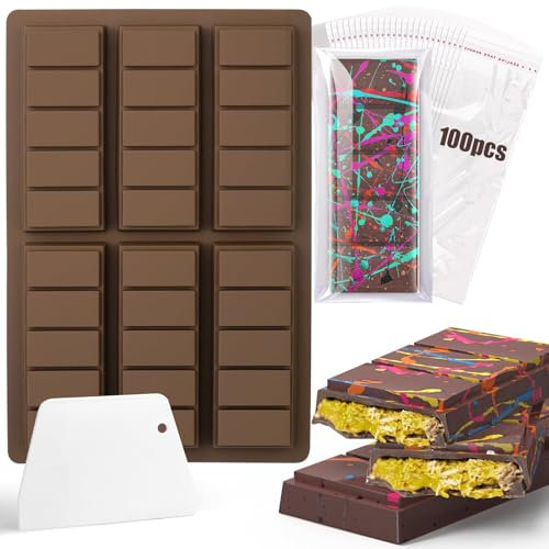 1 Pièce Moules à Chocolat en Silicone,Moule Tablette de Chocolat de 6 Cavités Anti adhésif,contient 100 sacs et un grattoir,Moules en silicone pour bricolage Gelées,Chocolats pour adultes et enfants