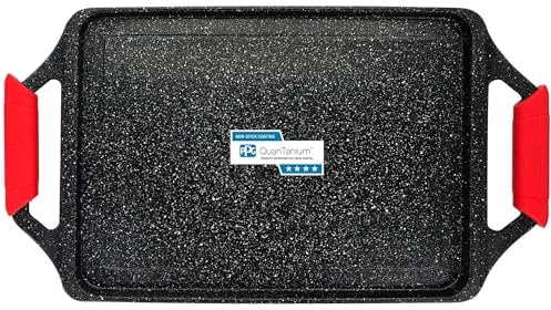 briebe Black Titanium Plancha Cocina Inducción Asar, Antiadherente Titanio, Aluminio Fundido, Bandeja Asadora 43x25cm, Recubrimiento sin PFOA, Asas Silicona, Vitrocerámica, Gas, Horno