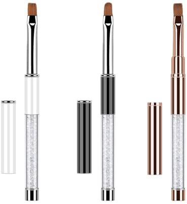 HJZHII Lot de 3 pinceaux à ongles gel ovales plats avec manche en strass, pinceau ombré pour nail art, peinture et nettoyage des erreurs de vernis sur les cuticules