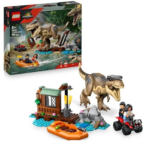 LEGO Jurassic World Fuga sul Fiume dal T. Rex - Giocattolo Interattivo con Dinosauro, una Barca, un Veicolo ATV e 2 Minifigure - Regalo per Bambini e Bambine da 5 Anni in su - 76975