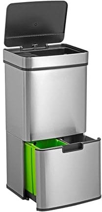 Well Home Poubelle de recyclage 62 L (37 L + 25 L) Poubelle à 2 compartiments, ouverture automatique avec capteur, en acier inoxydable, chromé